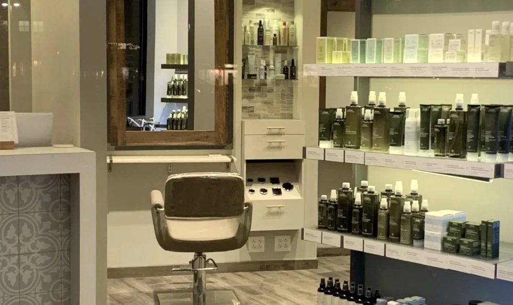 Aveda hair care products displayed in the salon