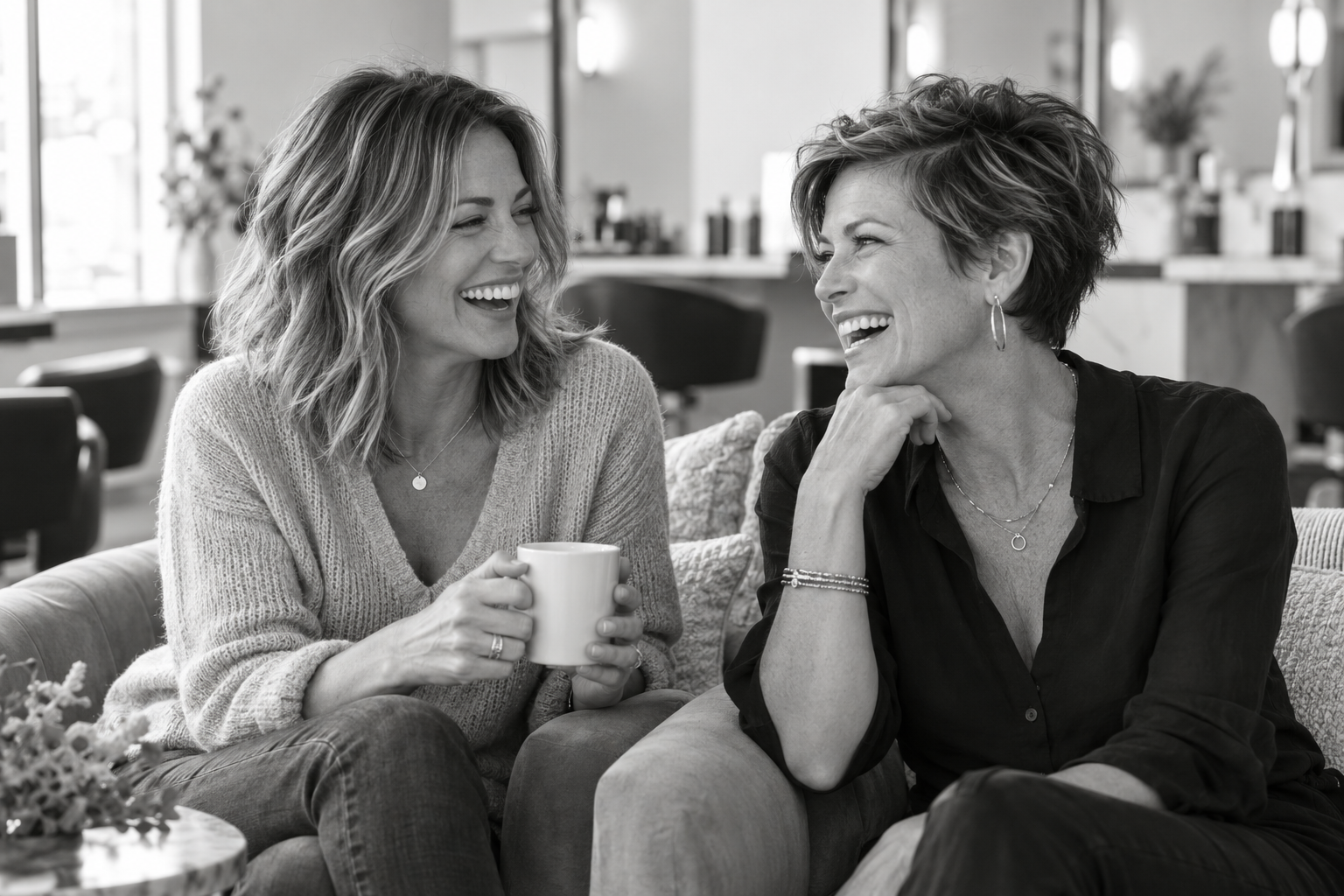Black-and-white portrait of two friends laughing together