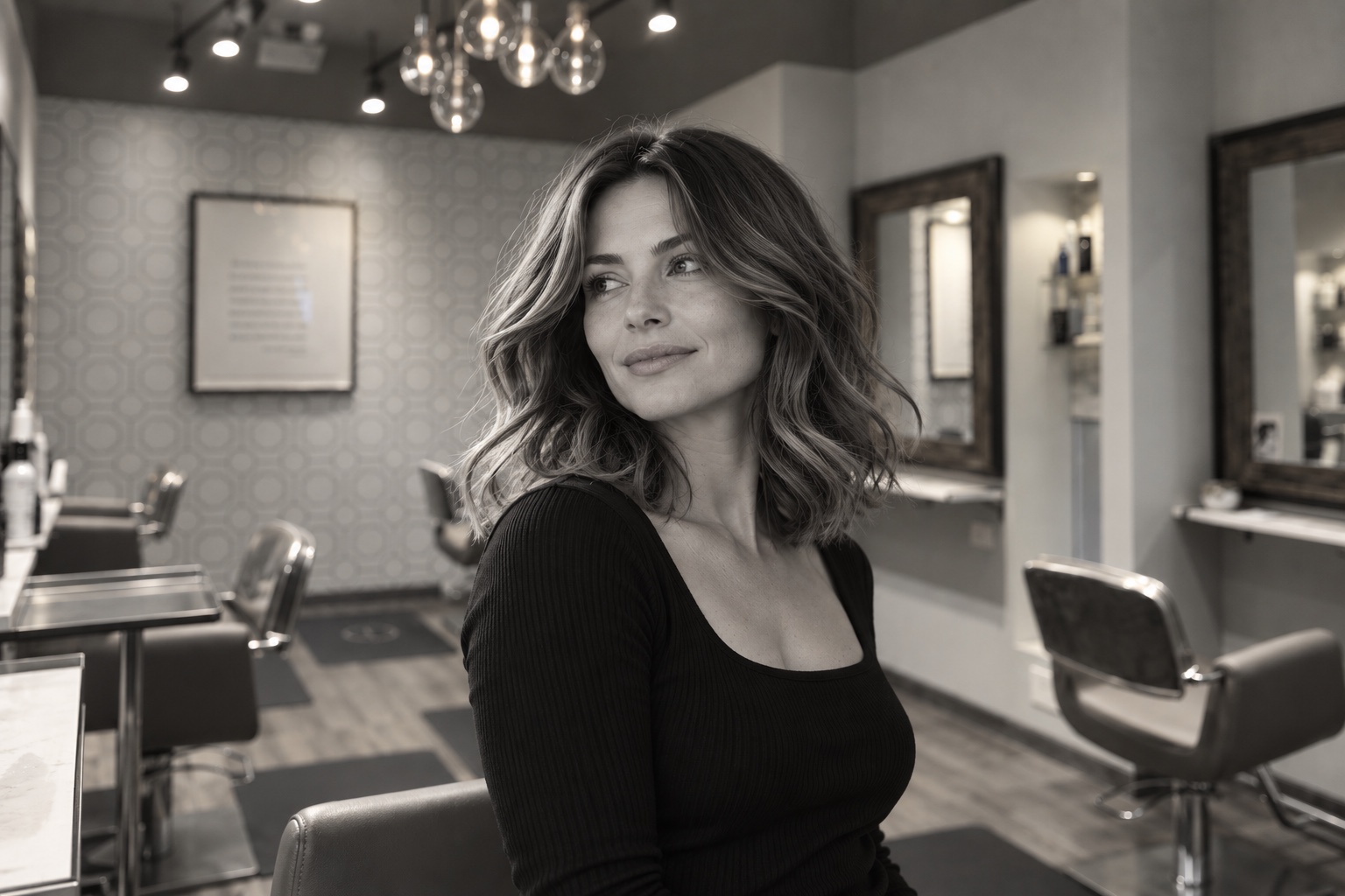Black and white portrait of a woman with wavy hair in a salon