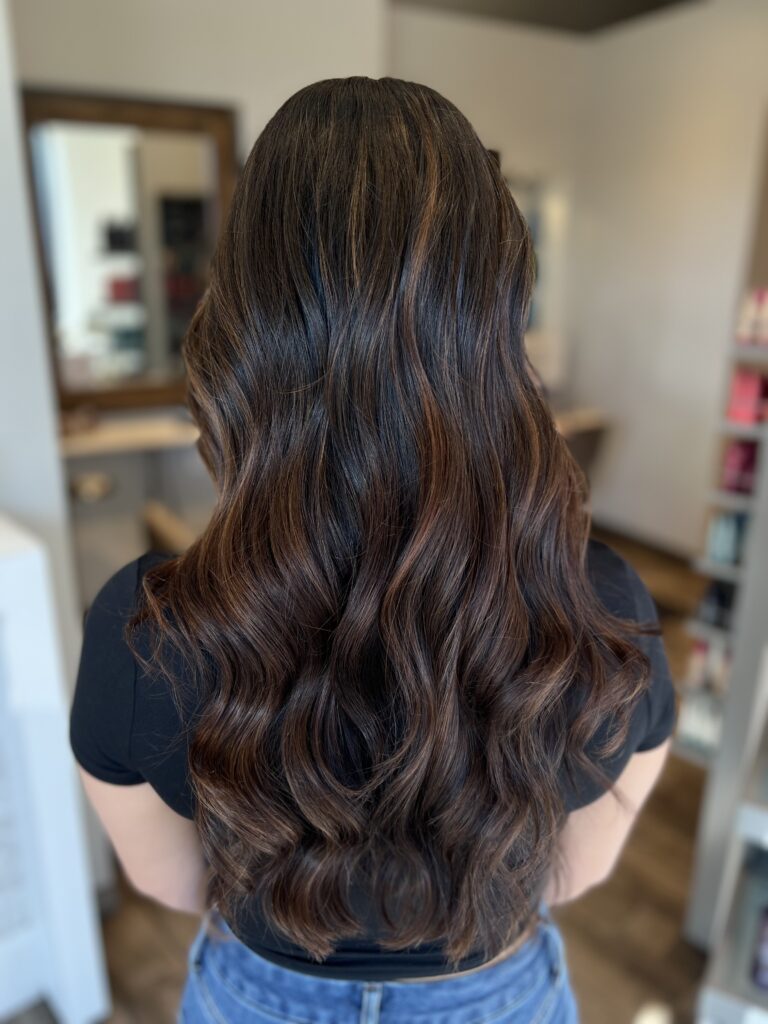 Long Chocolate Brunette Waves at Taylor Stevens Salon