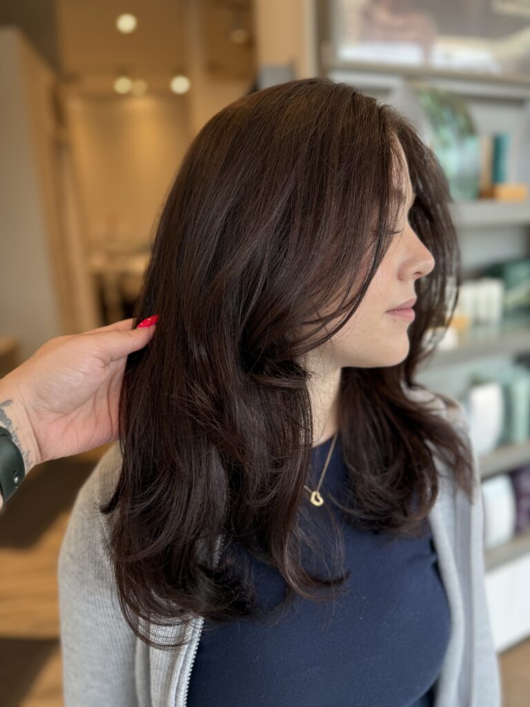 Brunette layers and face-framing style at Taylor Stevens Salon